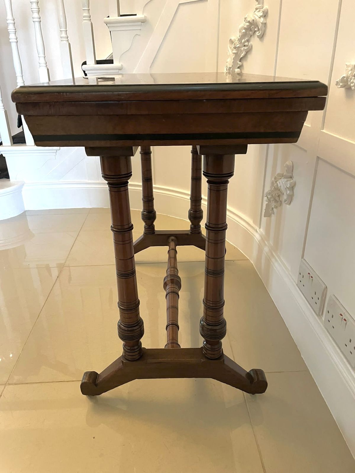 Furniture Antique Quality Oak And Ebony Fold Over Card Table photo