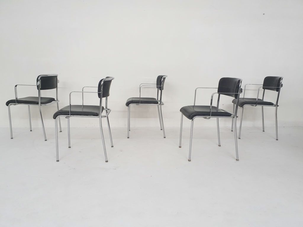 Set Van Vijf Chromen Eetkamerstoelen Met Leren Bekleding Van Aryform, Zweden, Jaren 1970 photo Meubels