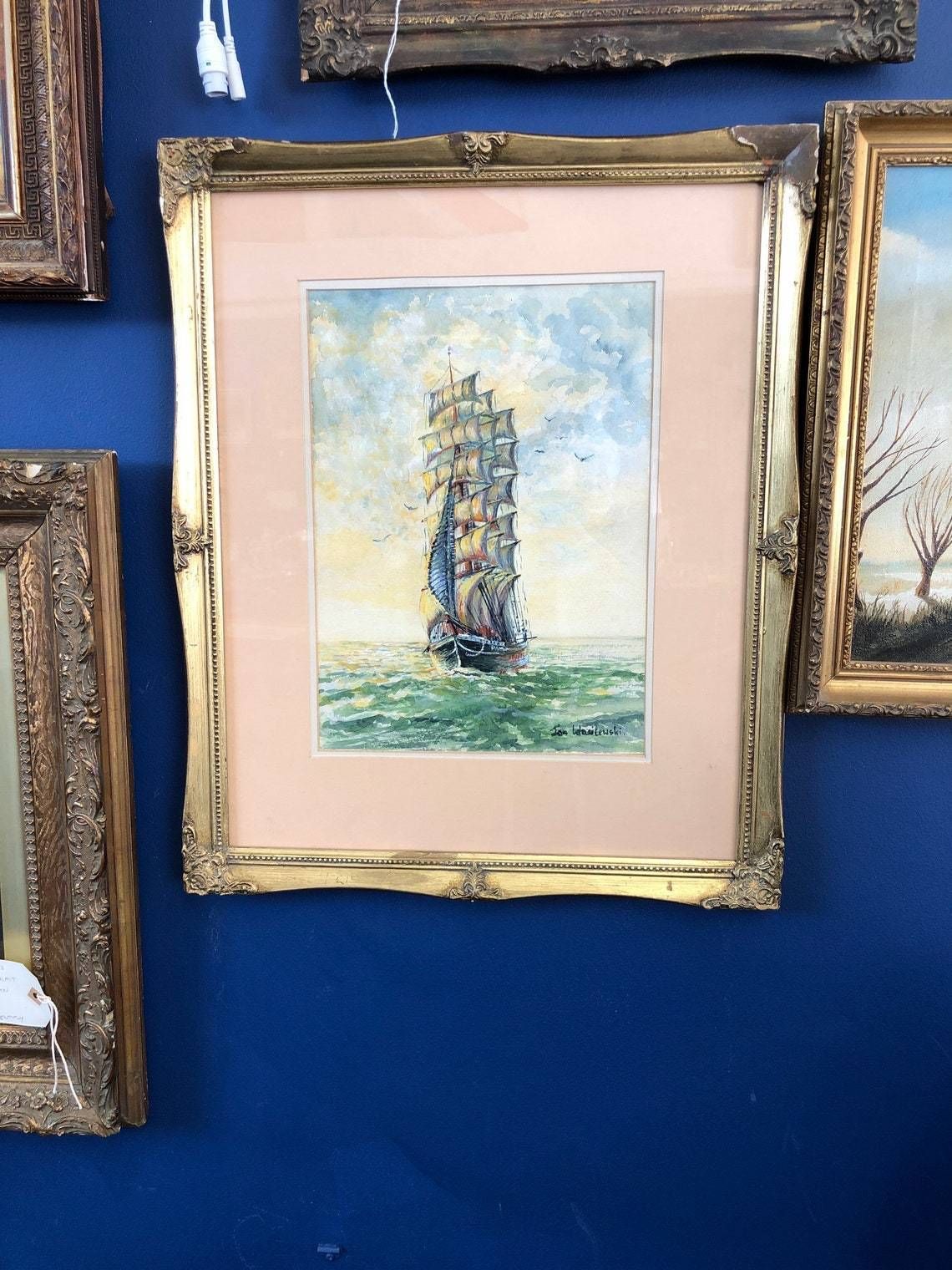 Jan Wasilewski Watercolour Painting Fine Art Sailing Clipper Ship Polish Artist Ornate Huge Large Gold Gilt Frame (C)