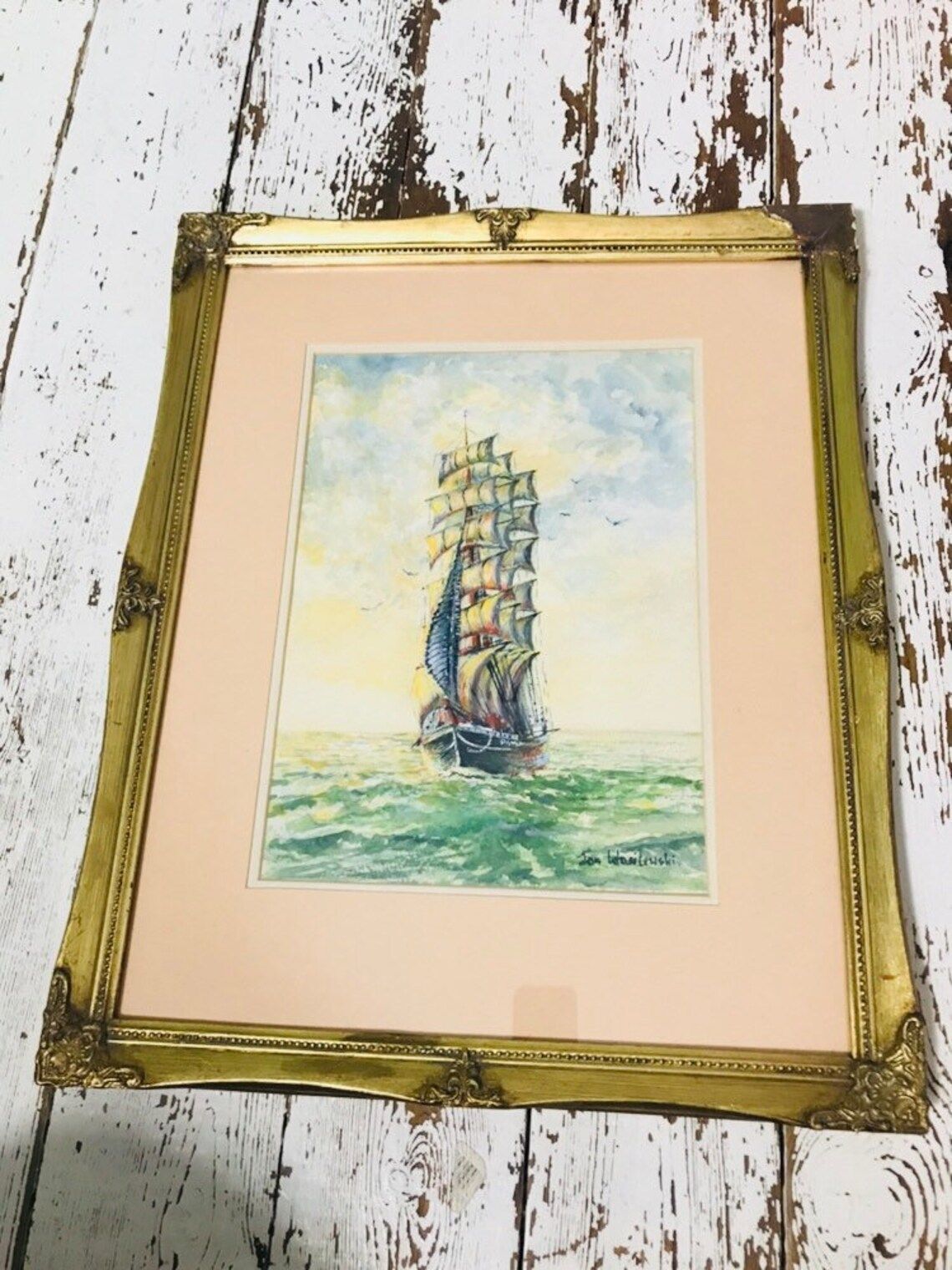 Jan Wasilewski Watercolour Painting Fine Art Sailing Clipper Ship Polish Artist Ornate Huge Large Gold Gilt Frame (C) photo furniture