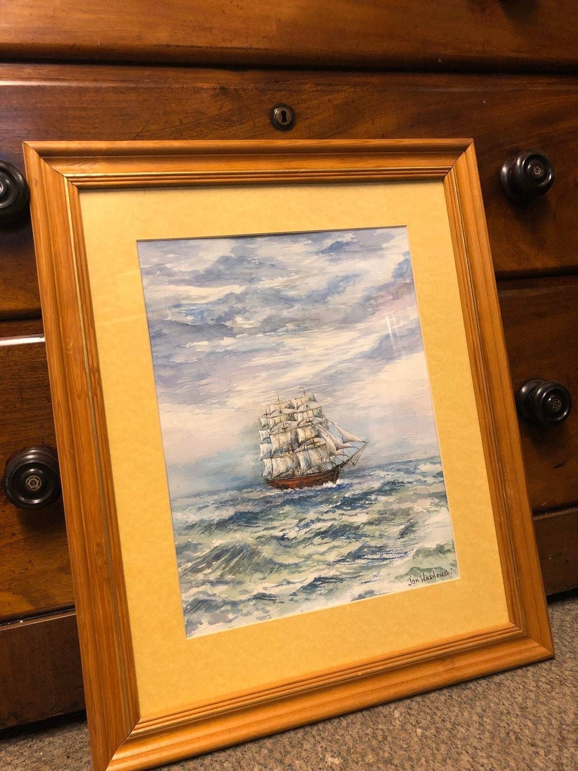 Jan Wasilewski   Polish Artist Watercolour Painting Absolutely Fine Example   Sailing Clipper Ship Cutter Boat Large Pine Gold Frame (Hh)