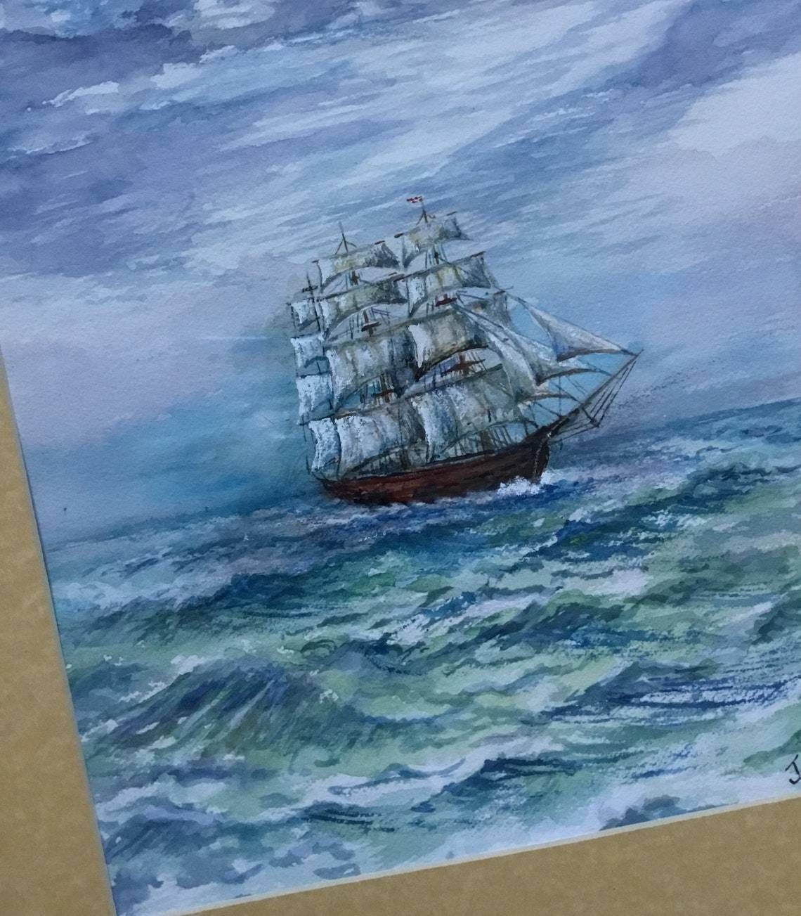 Jan Wasilewski   Polish Artist Watercolour Painting Absolutely Fine Example   Sailing Clipper Ship Cutter Boat Large Pine Gold Frame (Hh) photo buy