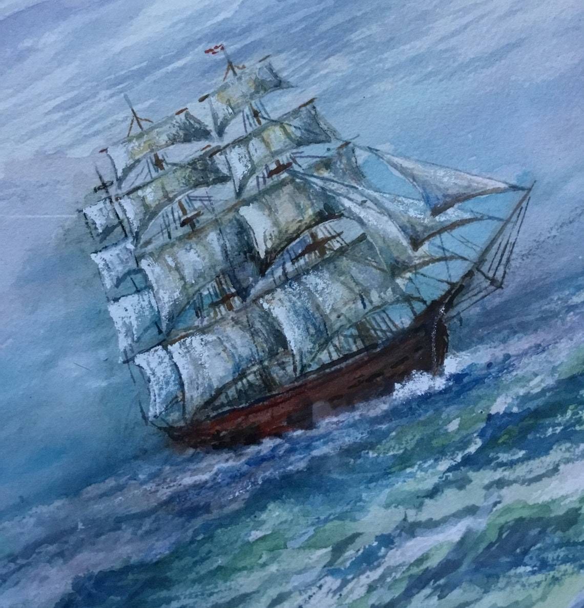 photo furniture Jan Wasilewski   Polish Artist Watercolour Painting Absolutely Fine Example   Sailing Clipper Ship Cutter Boat Large Pine Gold Frame (Hh)