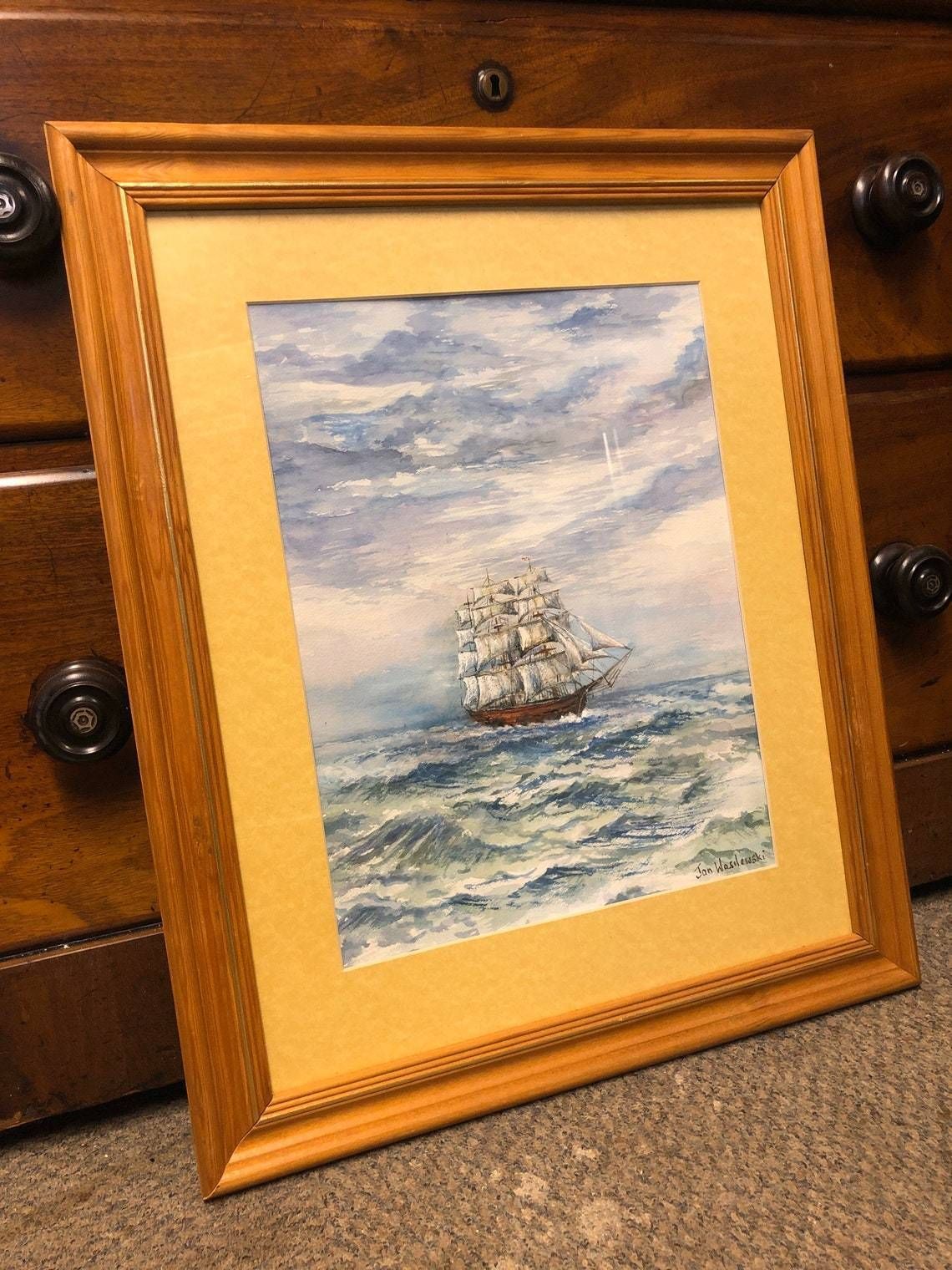 photo for sale Jan Wasilewski   Polish Artist Watercolour Painting Absolutely Fine Example   Sailing Clipper Ship Cutter Boat Large Pine Gold Frame (Hh)