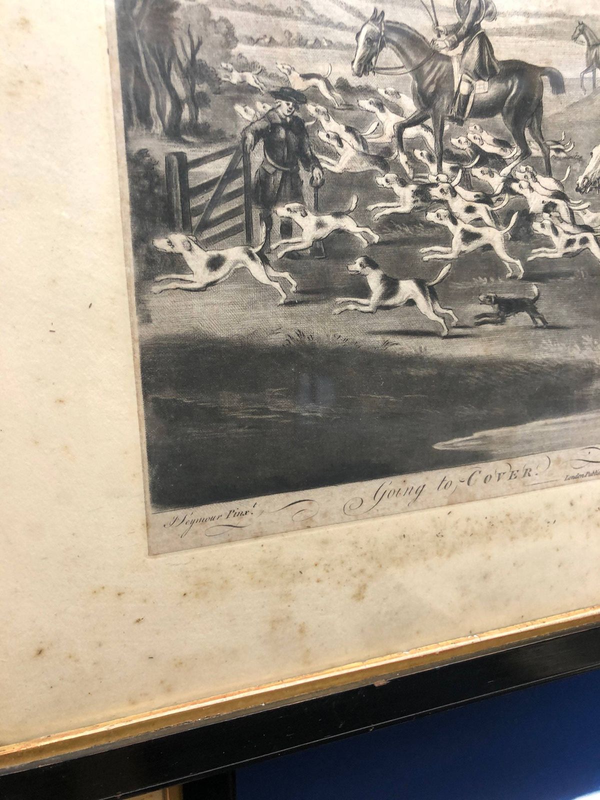 photo for sale Antique Georgian Mezzotint Set Of 6 Hunting Prints Seymour Burford 1787 Rob Sayer In Black And Gold Frames Stunning