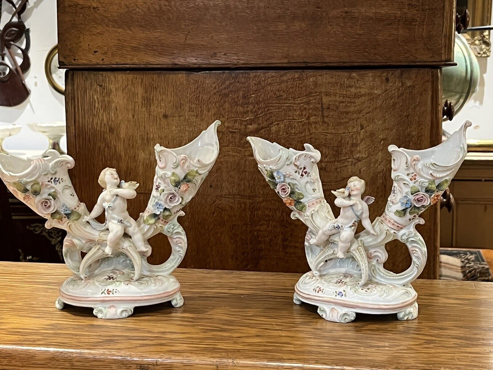 Pair Of Continental Porcelain Posy Holders photo Home Decor