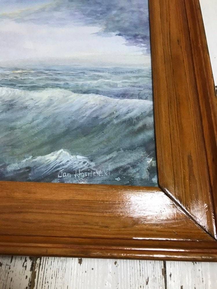 Jan Wasilewski   Polish Artist Watercolour Painting Absolutely Fine Example   Sailing Clipper Ship Stormy Seas   Huge Large Pine Frame photo furniture