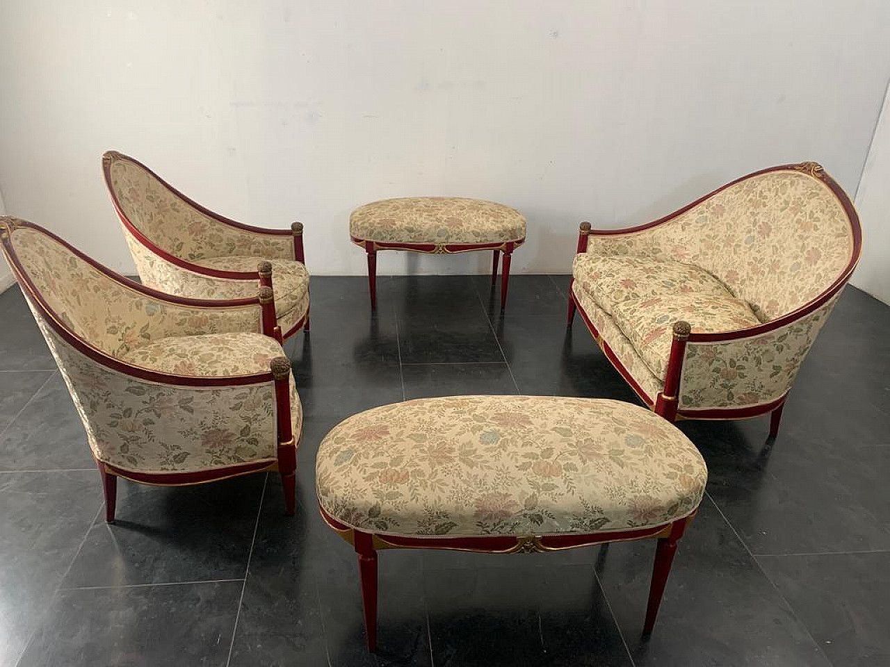 Living Room Of A Sofa, 2 Armchairs And 2 Poufs In Wood Jacuard Fabric, 1930s photo furniture