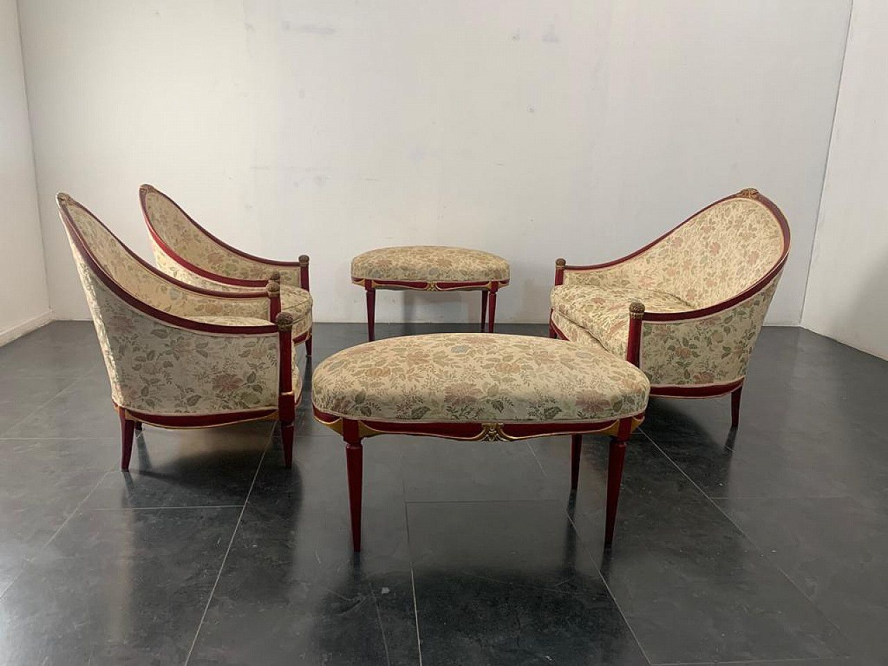 Living Room Of A Sofa, 2 Armchairs And 2 Poufs In Wood Jacuard Fabric, 1930s photo for sale