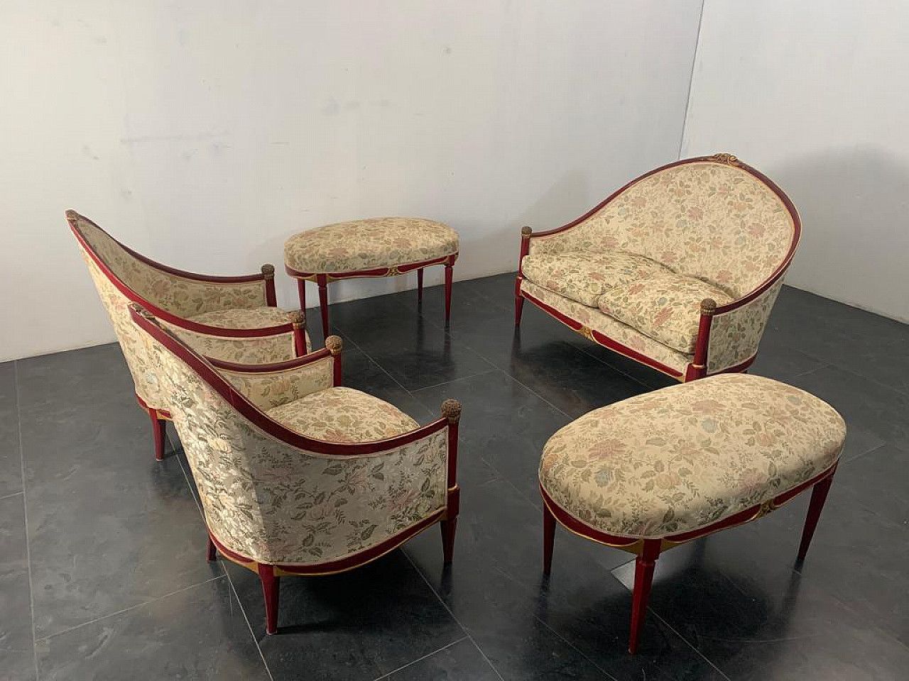 Living Room Of A Sofa, 2 Armchairs And 2 Poufs In Wood Jacuard Fabric, 1930s photo 14460.16