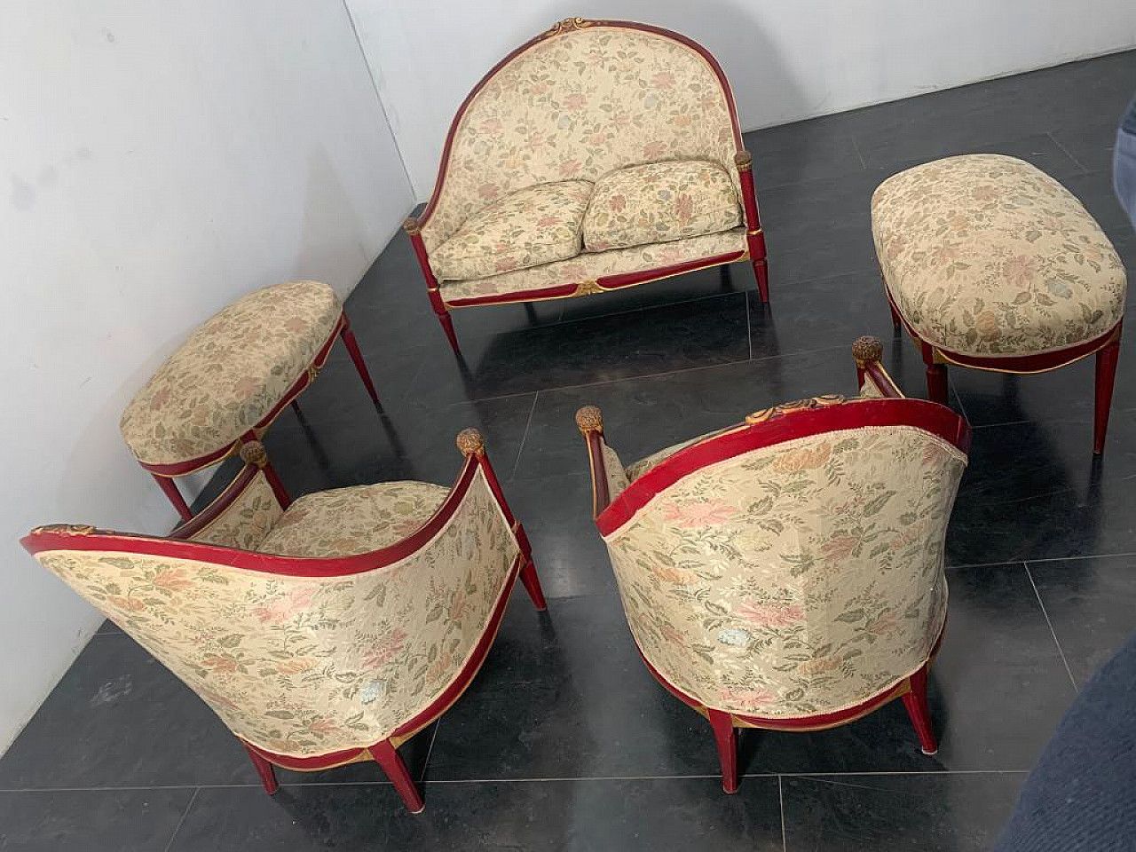 Living Room Of A Sofa, 2 Armchairs And 2 Poufs In Wood Jacuard Fabric, 1930s photo vinterior
