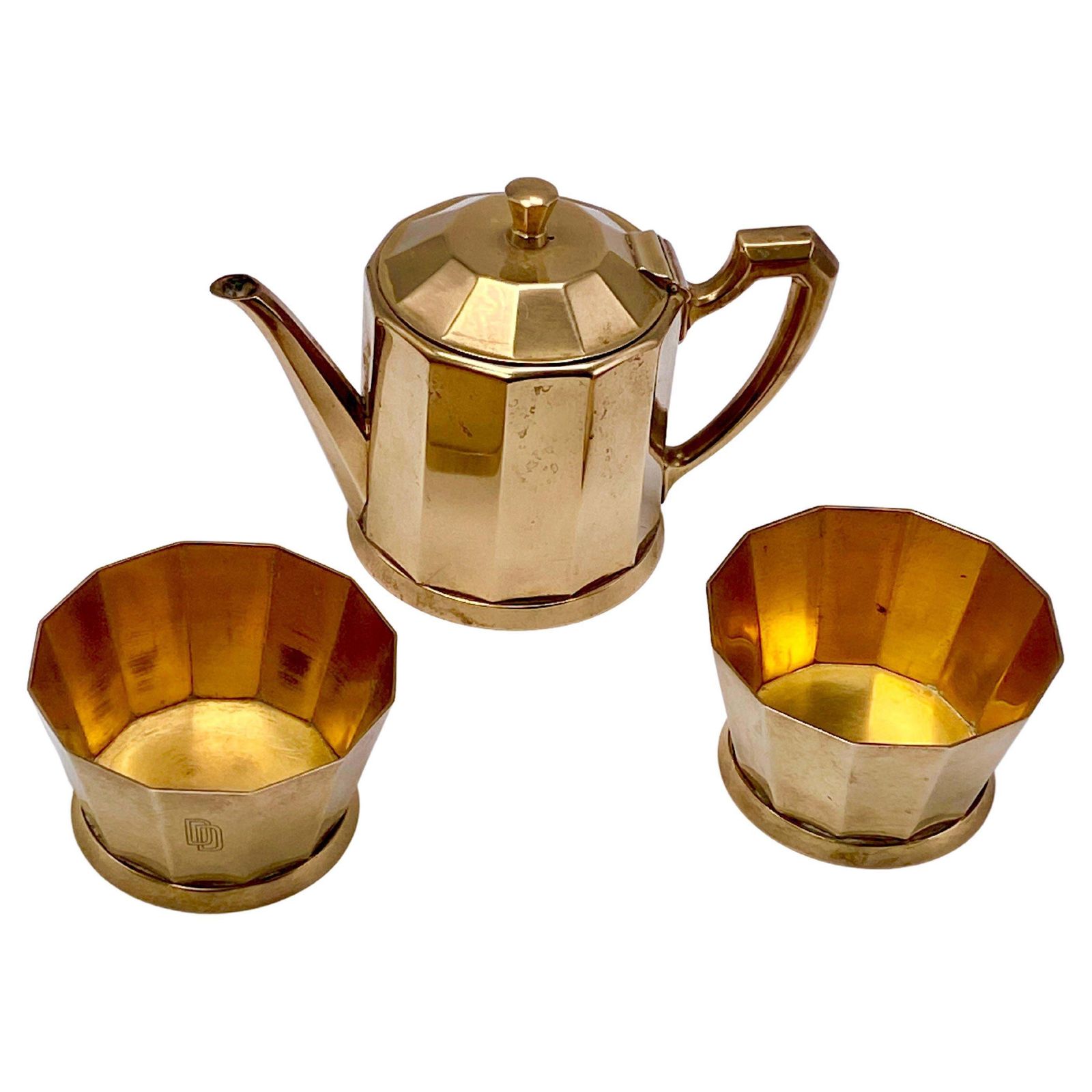 Art Deco Oreum Coffee And Sugar Pot, France 1940, Metal And Gold Style Patina