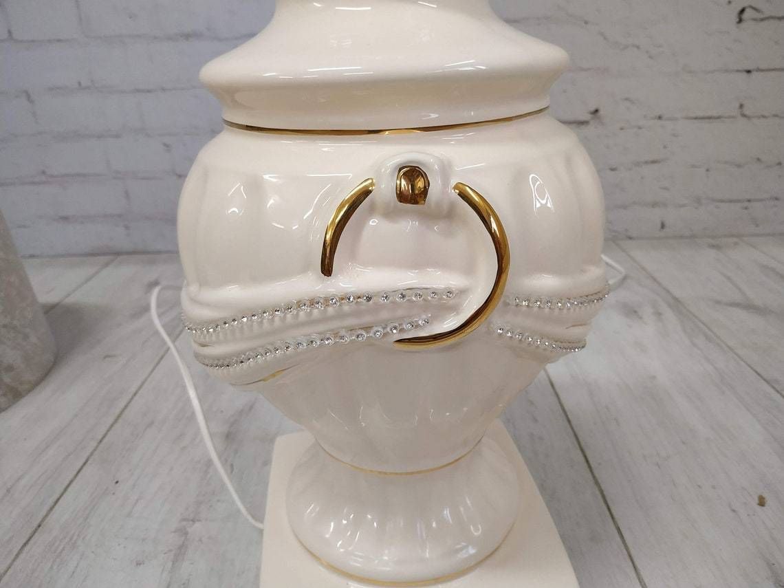 photo for sale Vintage Table Lamp Light Cream Diamante Gold Art Deco Ceramic Base Shade Bling