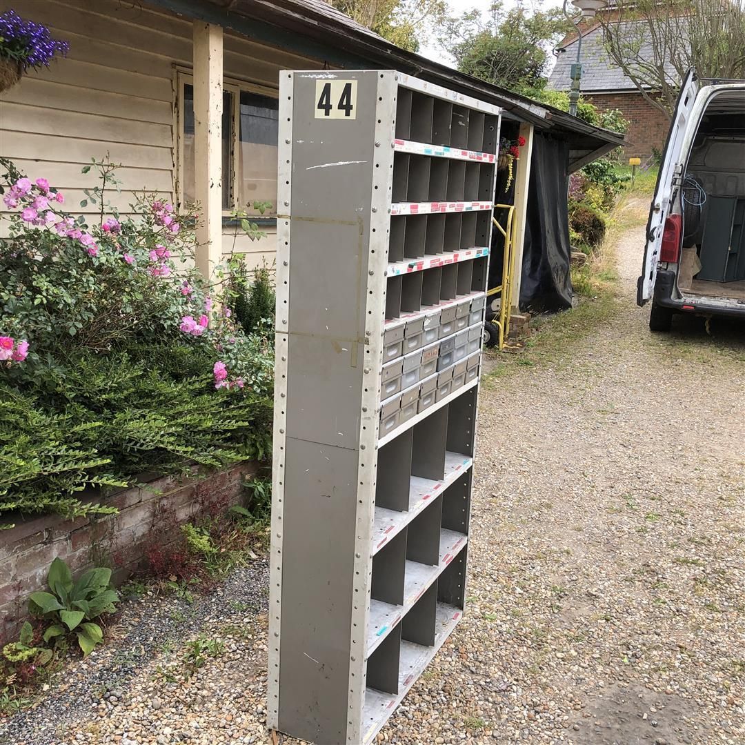 Industrial Metal Pigeon Holes With Multi Drawer Section 1970's photo vintage