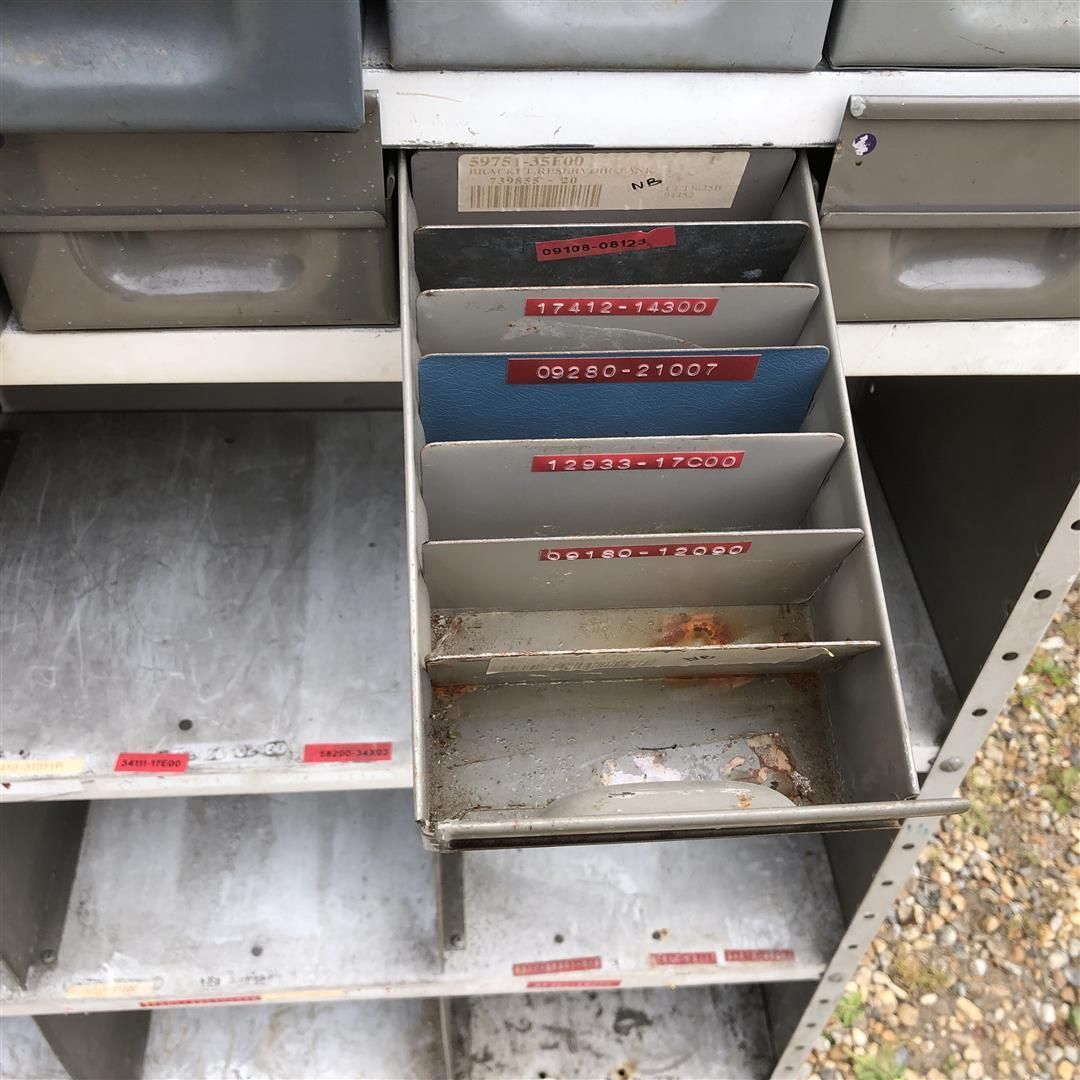 photo vinterior Industrial Metal Pigeon Holes With Multi Drawer Section 1970's