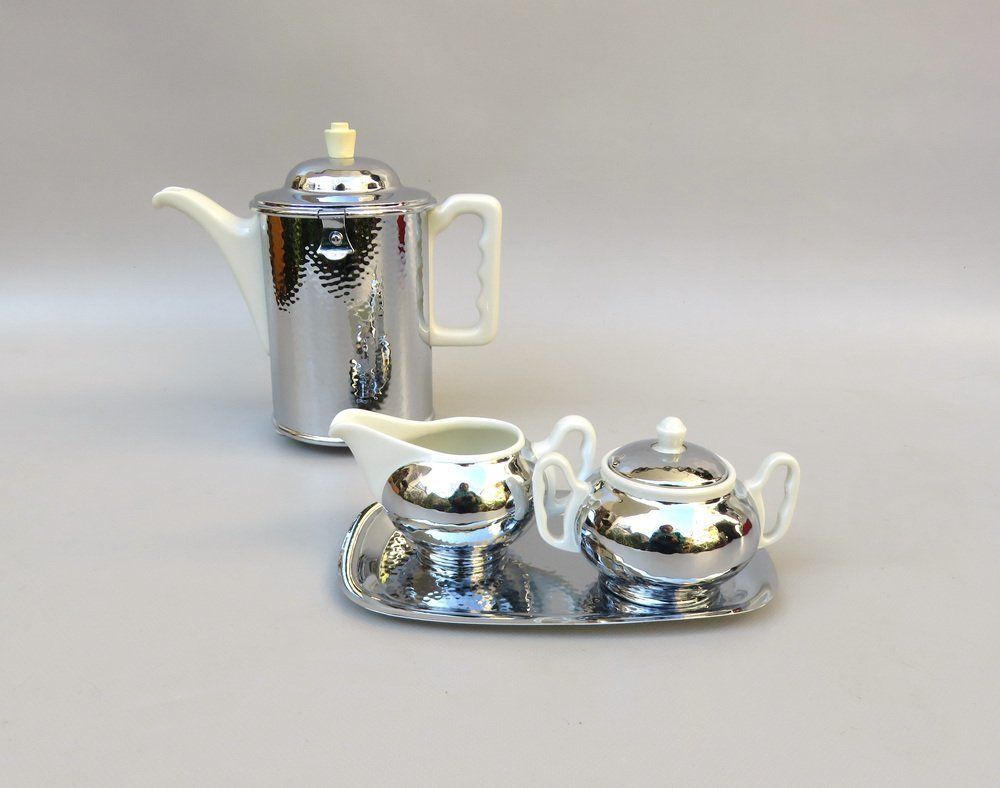 Coffee Making Set In Chrome Plated Metal & Porcelain, 1950s, Set Of 4 photo for sale