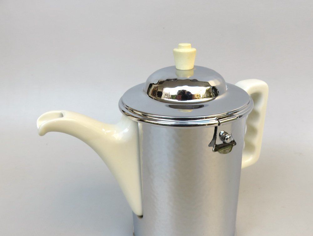 Home Decor Coffee Making Set In Chrome Plated Metal & Porcelain, 1950s, Set Of 4 photo