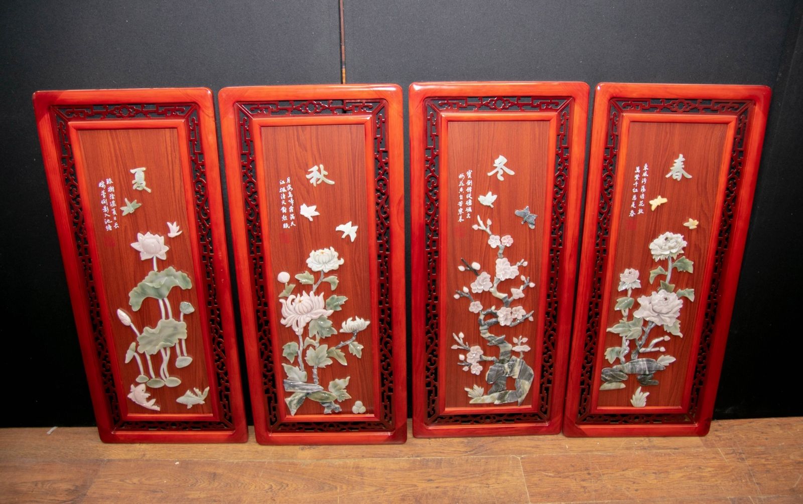 Set Chinese Panels Placques   Hardwood Soapstone Floral Decoration