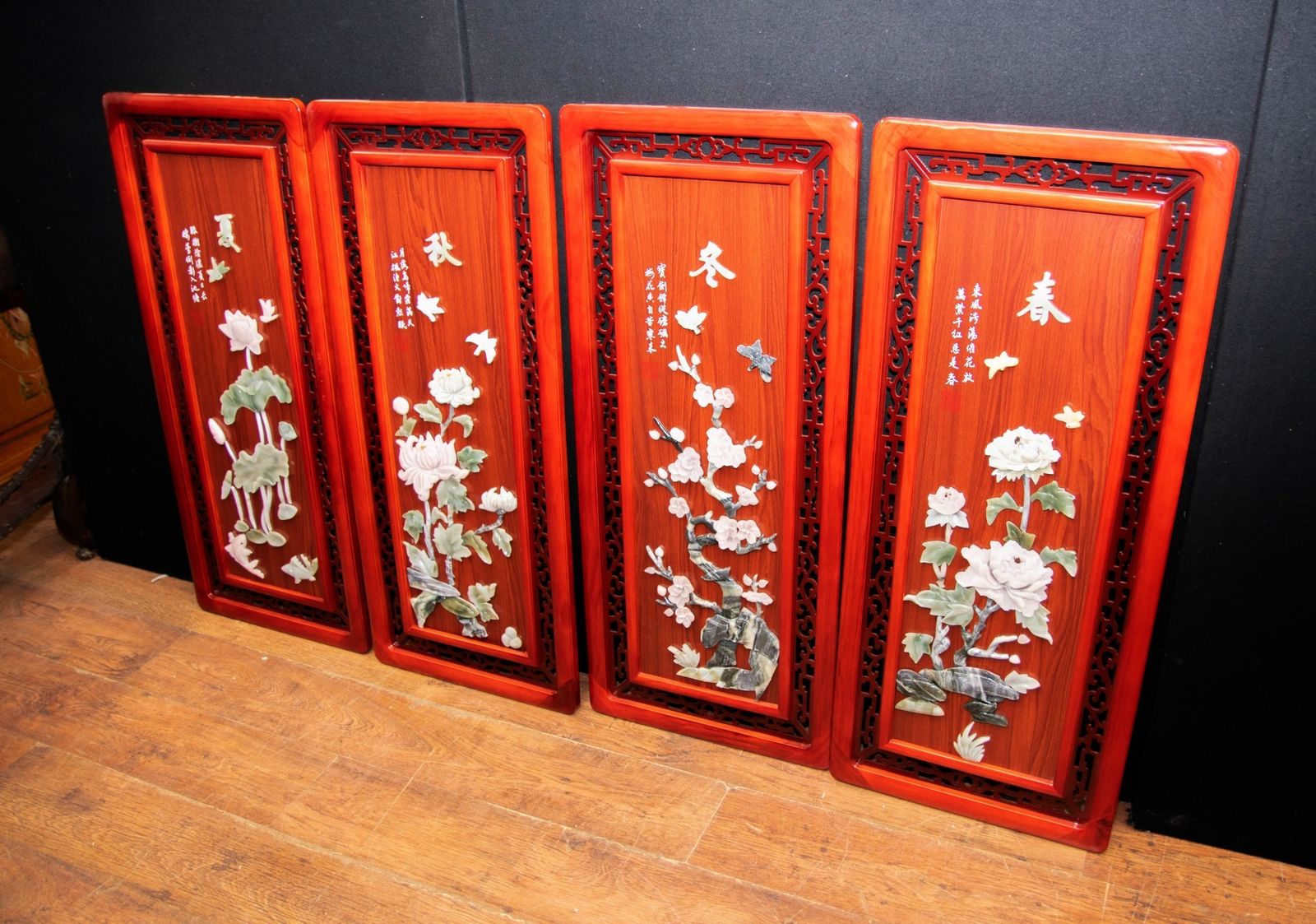 Set Chinese Panels Placques   Hardwood Soapstone Floral Decoration photo 850.0