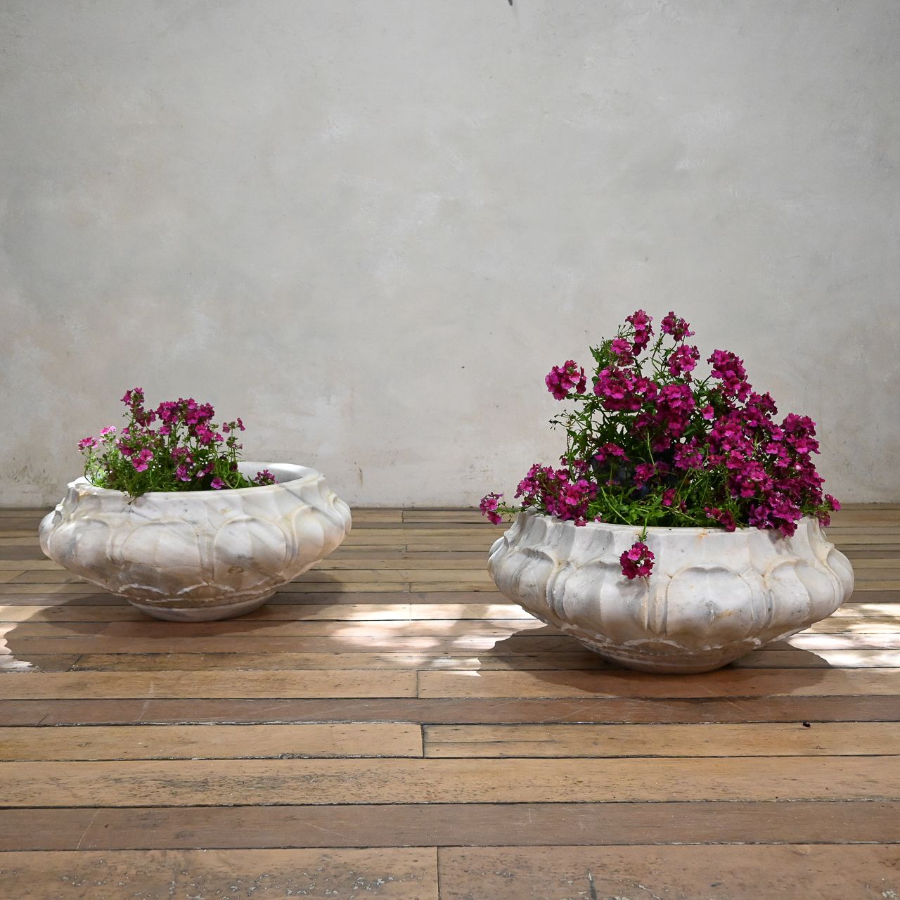 A Pair Of Carved Lotus Form Marble Jardiniere Planters photo furniture