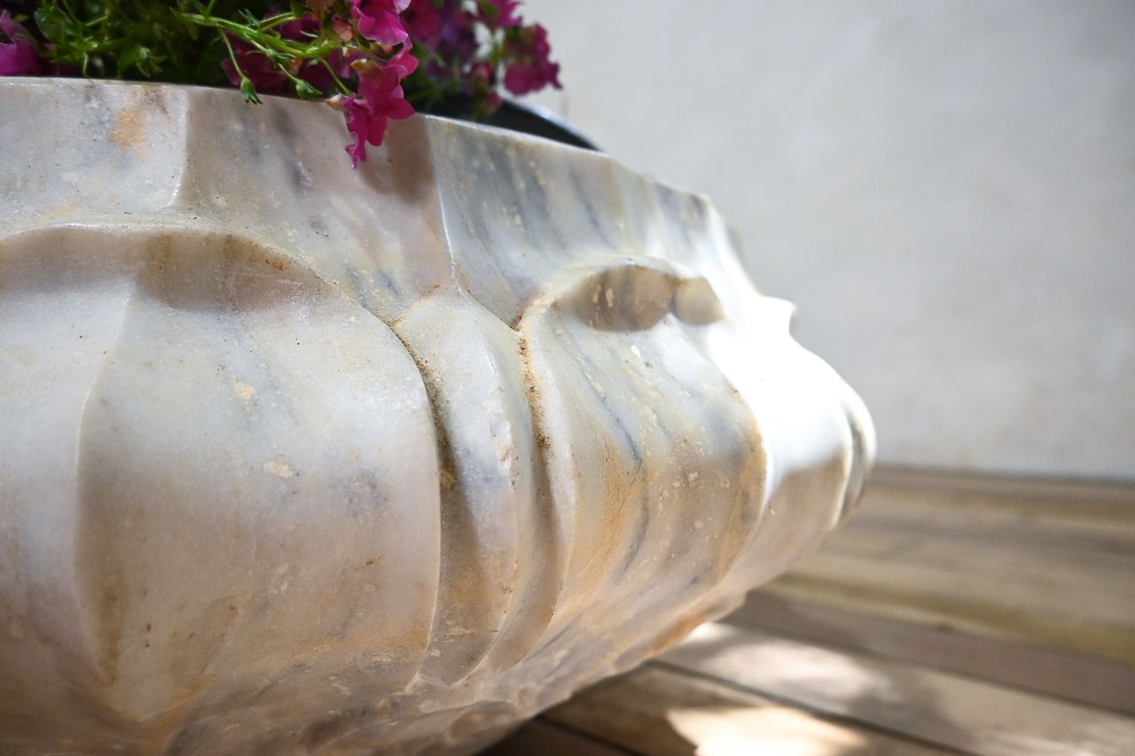 A Pair Of Carved Lotus Form Marble Jardiniere Planters photo vintage