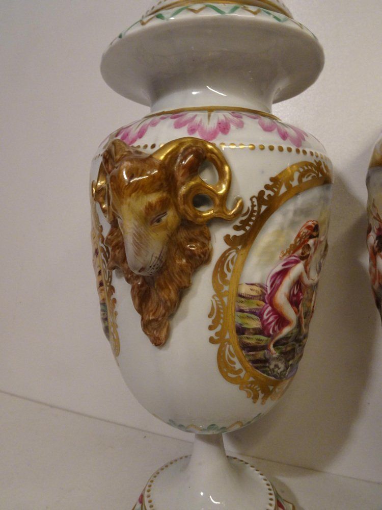photo buy Antique 19th Century Lidded Porcelain Urn Vases From Capodimonte, Italy, Set Of 2