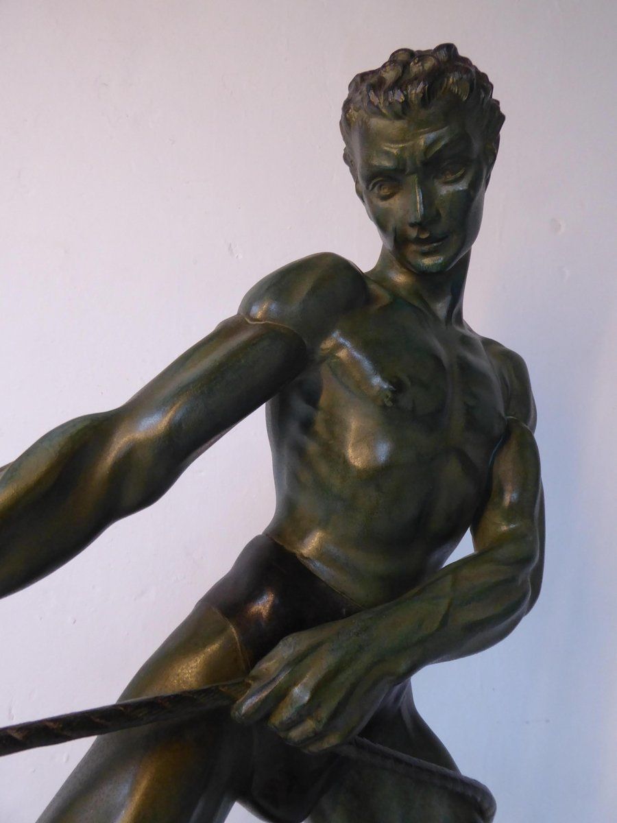 Art Deco Green Patinated Metal And Marble Sculpture Of Man Pulling Stone From Ucra, France photo vinterior