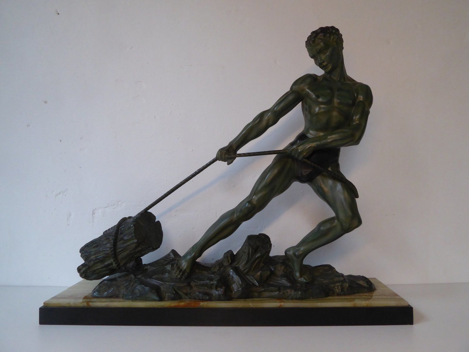 Home Decor Art Deco Green Patinated Metal And Marble Sculpture Of Man Pulling Stone From Ucra, France photo