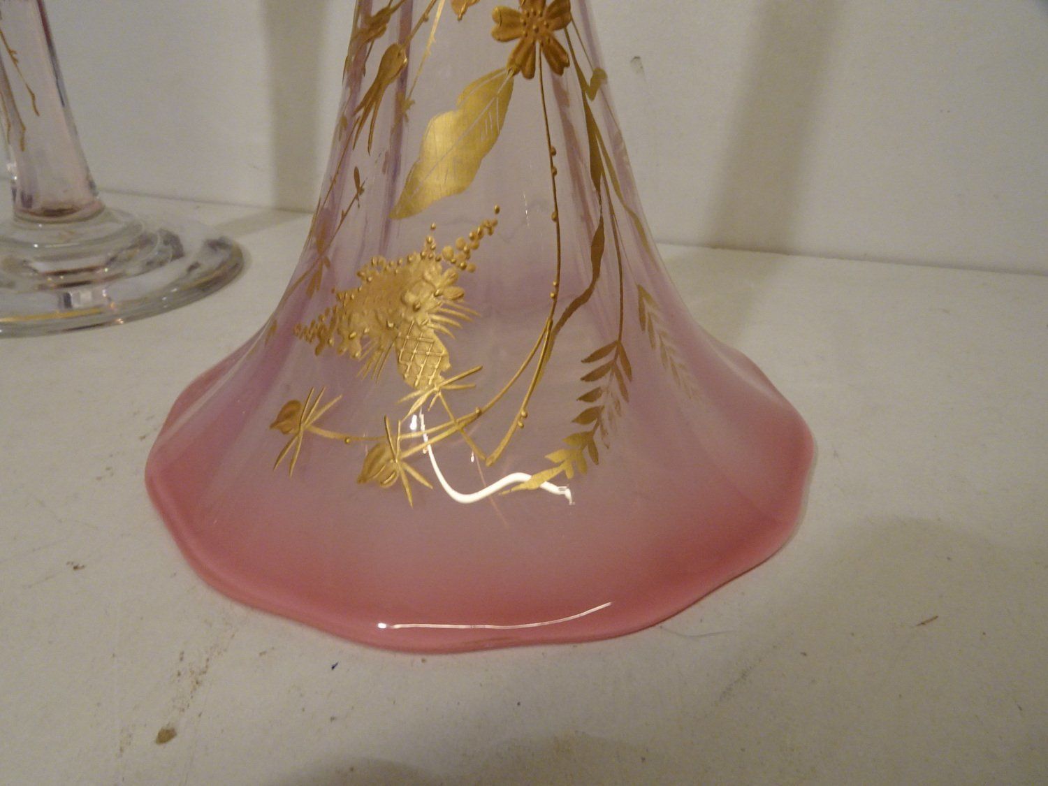 French Art Nouveau Gold Enameled Art Glass Trumpet Vases, Set Of 2 photo furniture