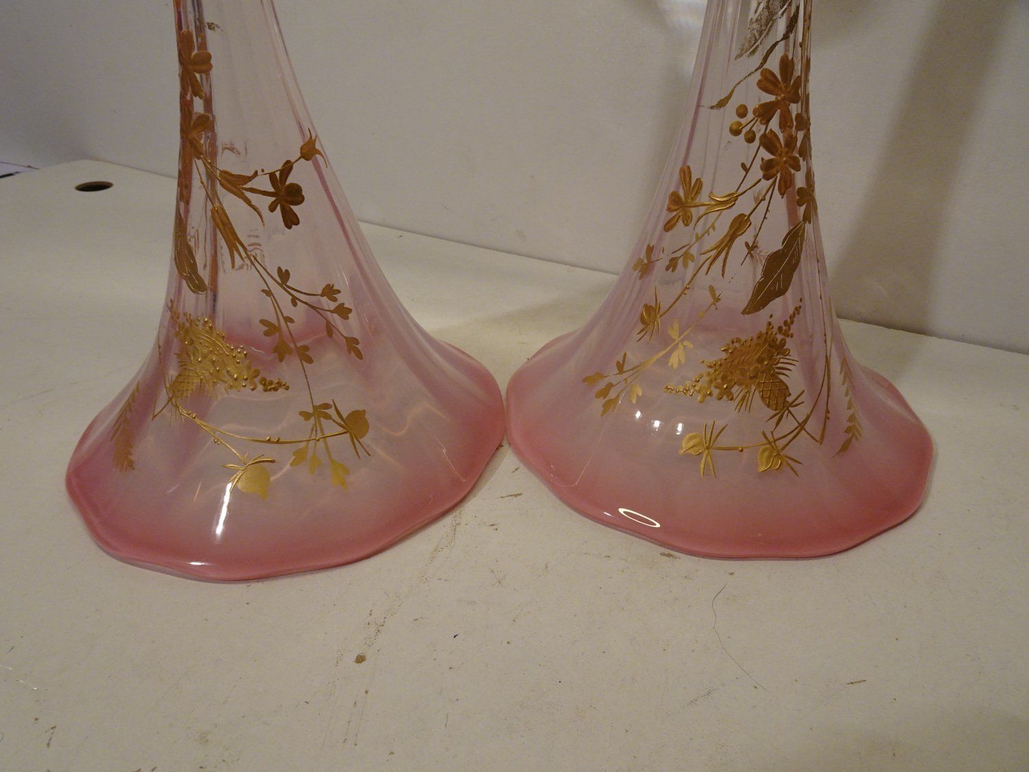 French Art Nouveau Gold Enameled Art Glass Trumpet Vases, Set Of 2 photo 597.68