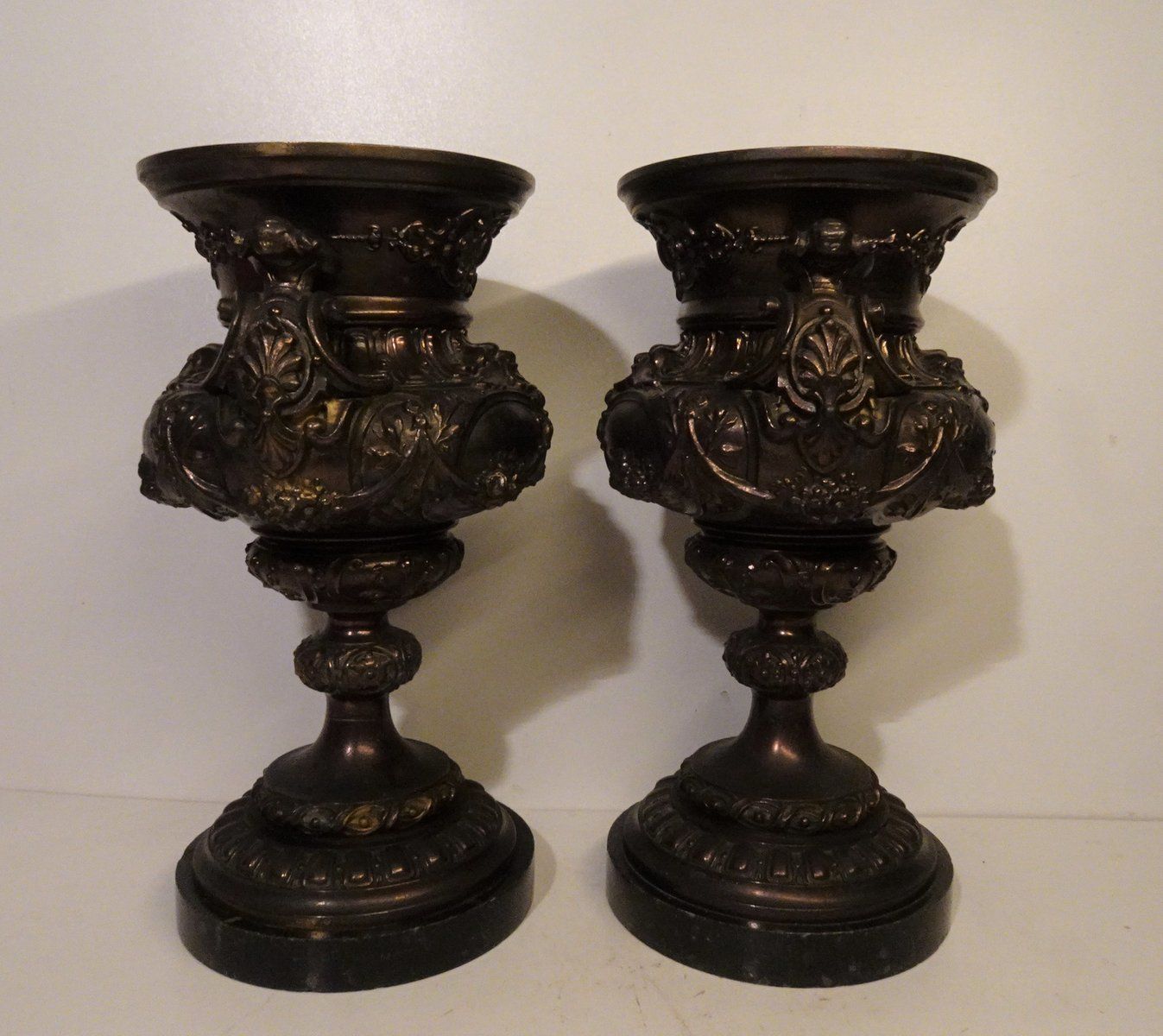 French Bronze & Patinated Cast Iron Medici Vases On Marble Bases, 19th Century, Set Of 2 photo Home Decor