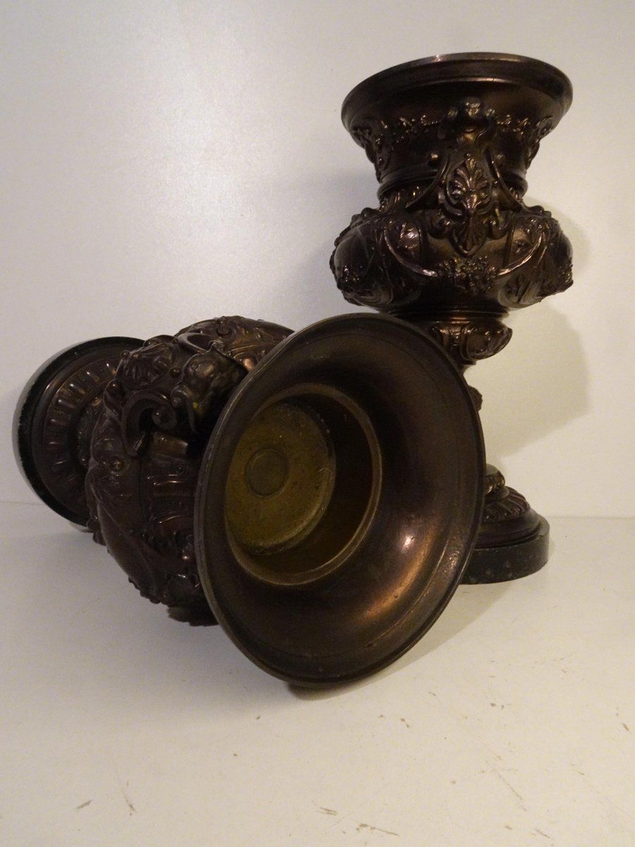 French Bronze & Patinated Cast Iron Medici Vases On Marble Bases, 19th Century, Set Of 2 photo vintage