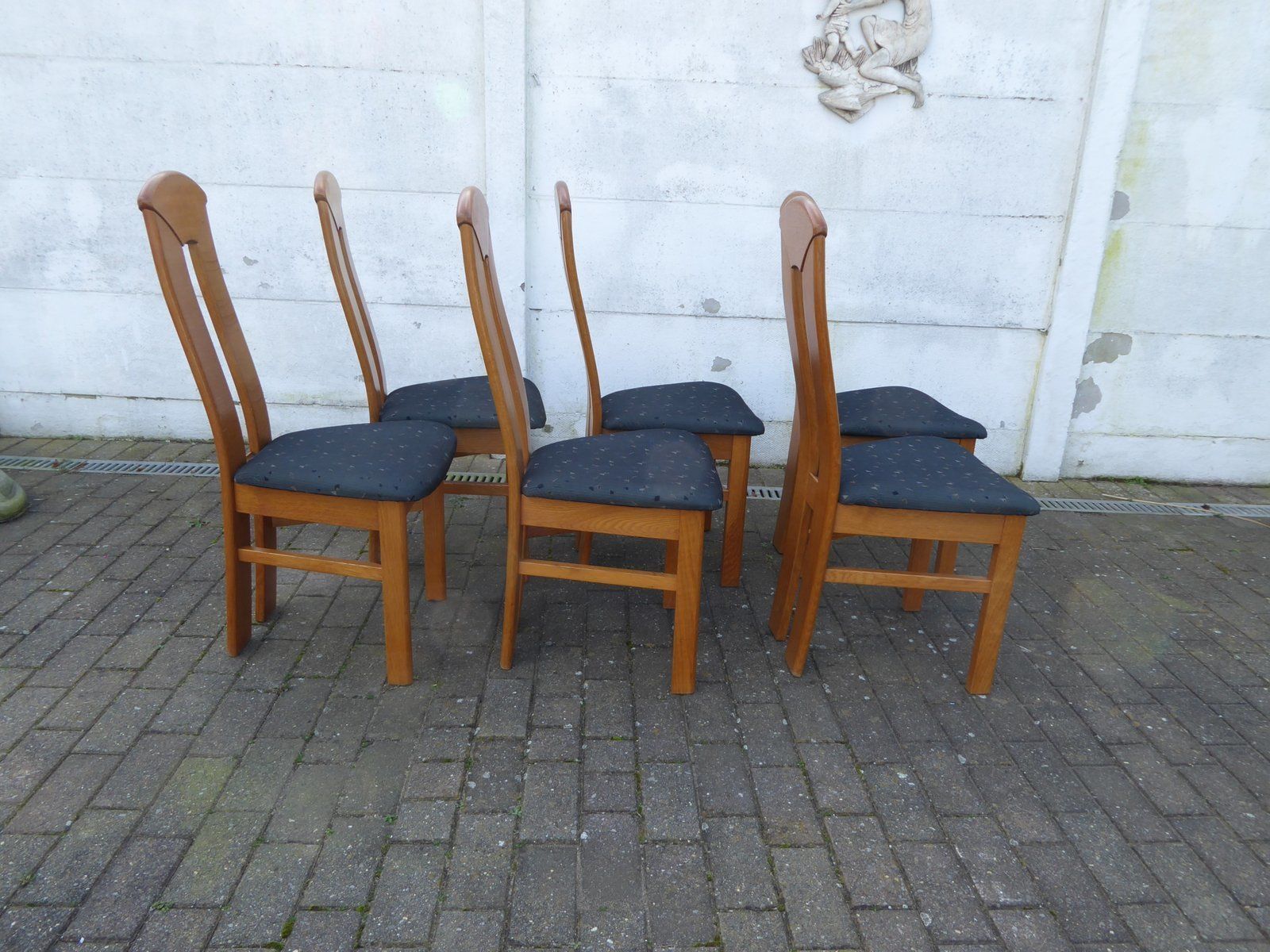 photo furniture High Back Blond Oak Wooden Chairs, 1980s, Set Of 6