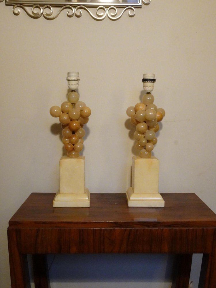 Belgium Lacquered Alabaster Grapes Table Lamps By Freddy Rensonnet, 1970s, Set Of 2 photo for sale