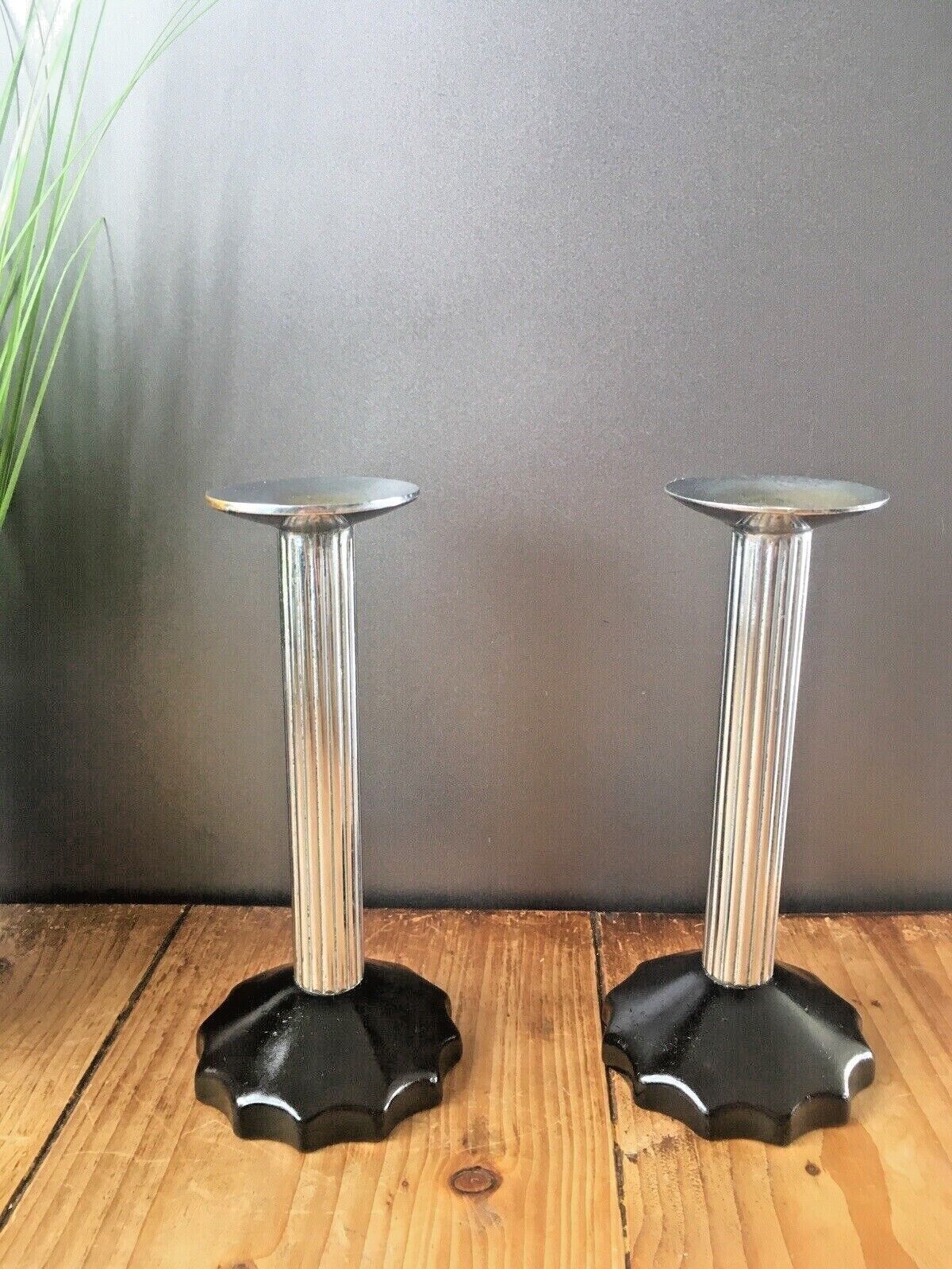 Pair Of Unusual Art Deco Plated Corinthian Column Candlesticks Candle Holders photo 90.0