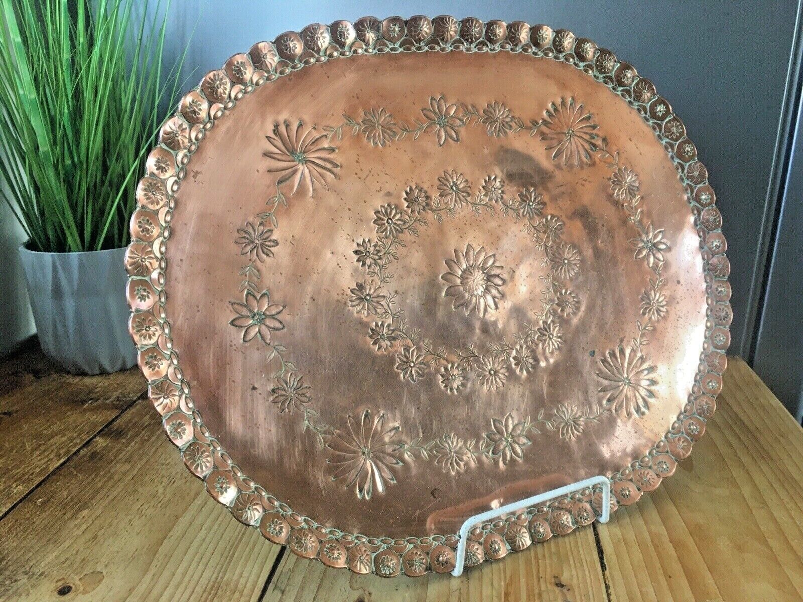 Large Quality Arts & Crafts Floral Flower Power Copper Charger Wall Plate Plaque photo for sale
