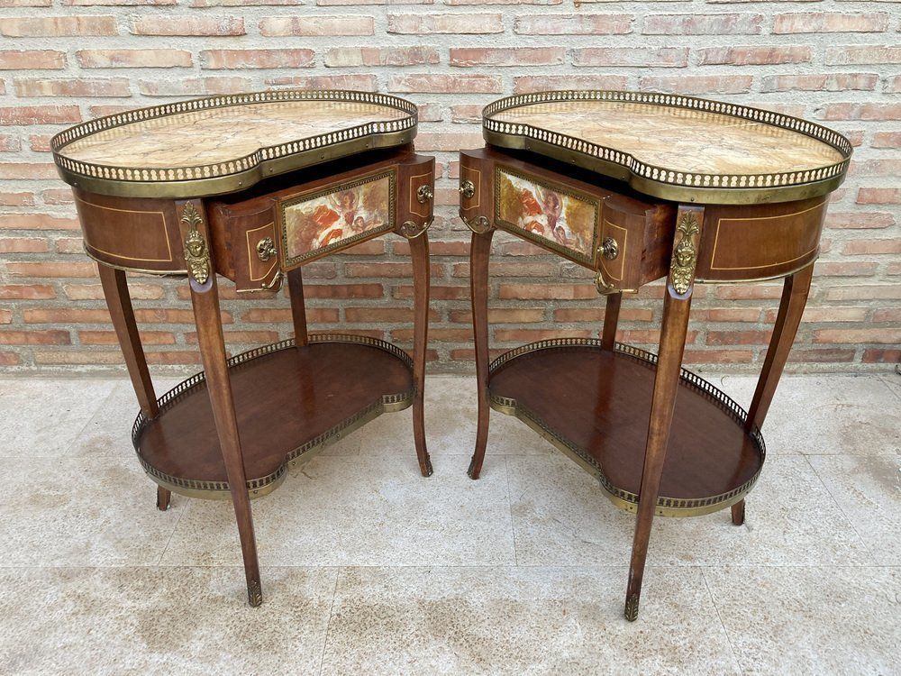 Carved Wood Kidney Shaped Bedside Tables With Bronze And Marble Top. Set Of 2