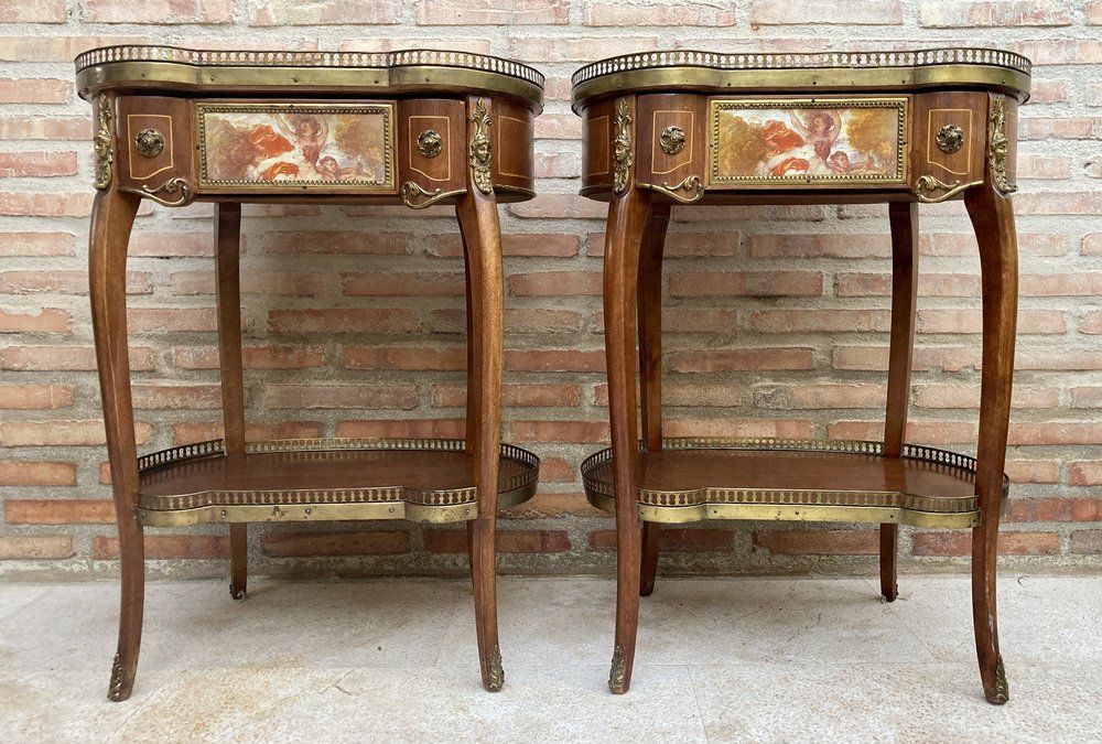 Carved Wood Kidney Shaped Bedside Tables With Bronze And Marble Top. Set Of 2 photo Furniture