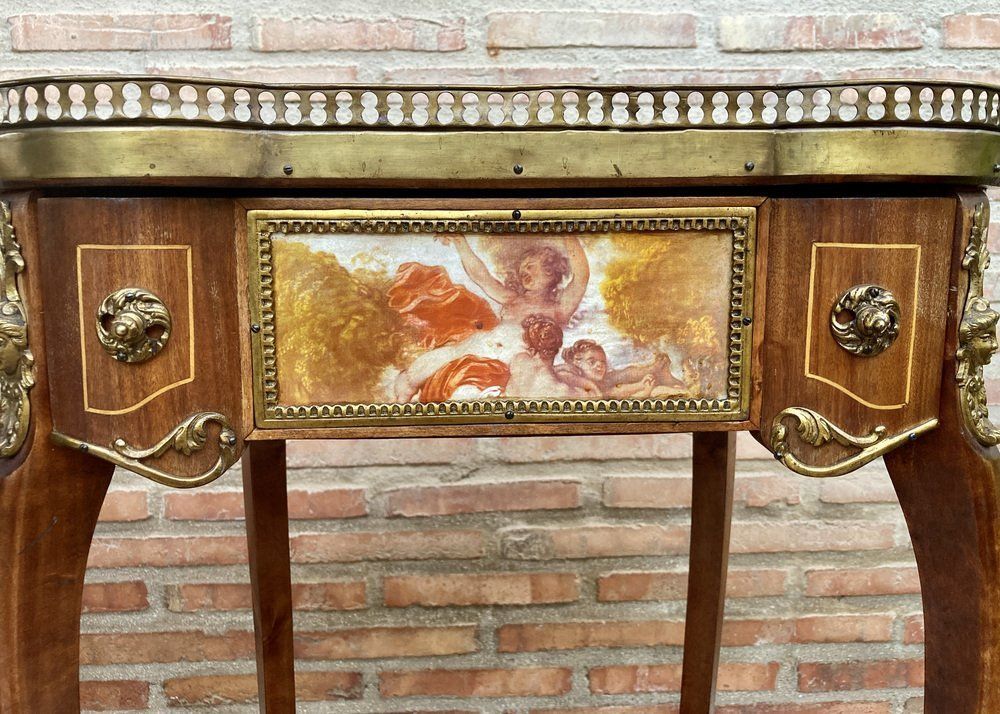 Carved Wood Kidney Shaped Bedside Tables With Bronze And Marble Top. Set Of 2 photo 3652.0