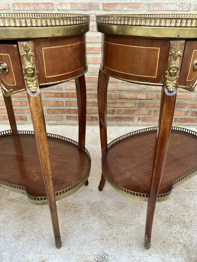 photo for sale Carved Wood Kidney Shaped Bedside Tables With Bronze And Marble Top. Set Of 2