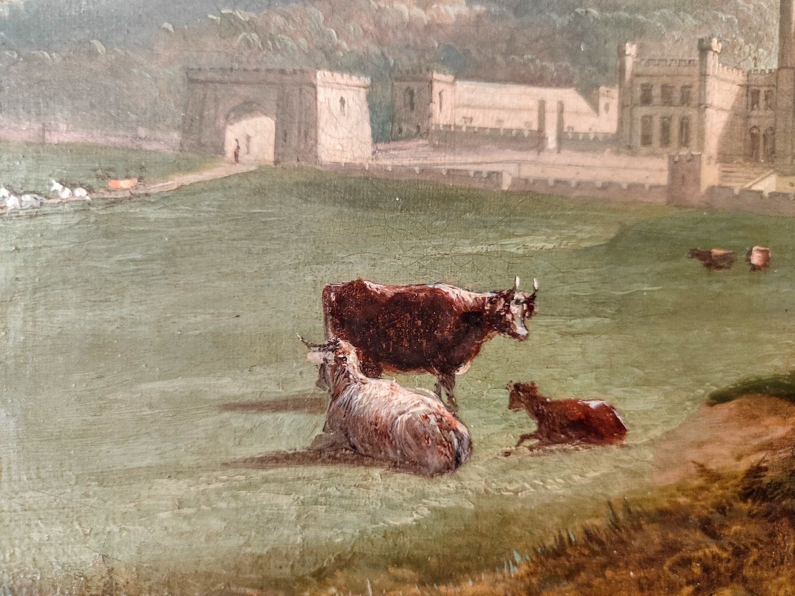 Oil Painting   19th Century Canvas Lowther Castle Penrith With Cows photo vinterior
