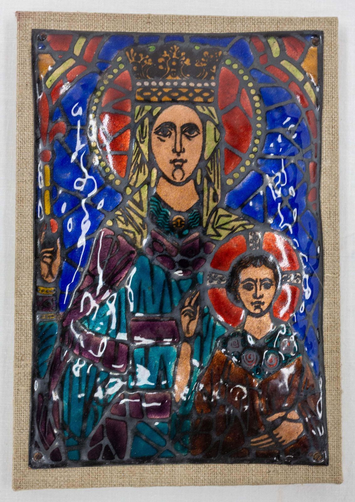 Plaque émaillée mid-century, Vierge à l'Enfant, française, vers 1960 photo furniture