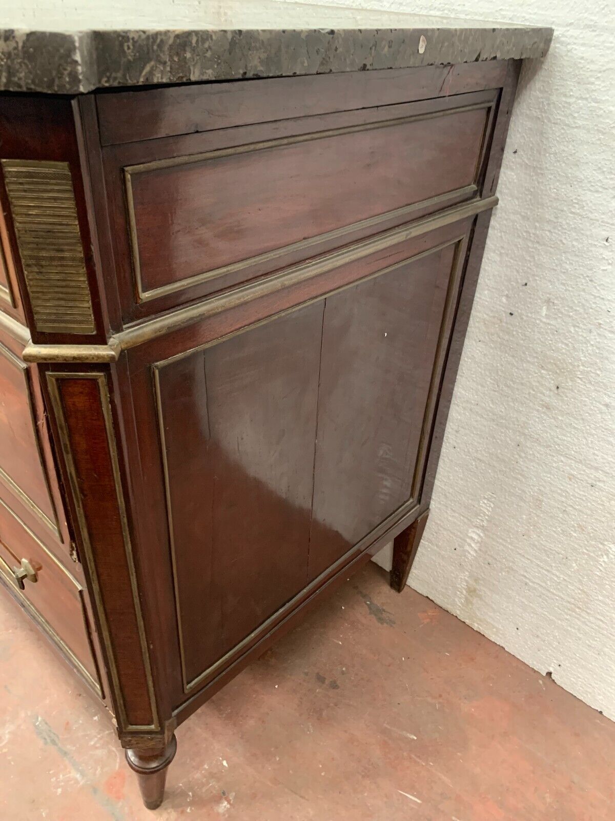 Mahogany Lois XVI Style Chest Of Drawers Gray Veined Marble Top 19th Century photo for sale
