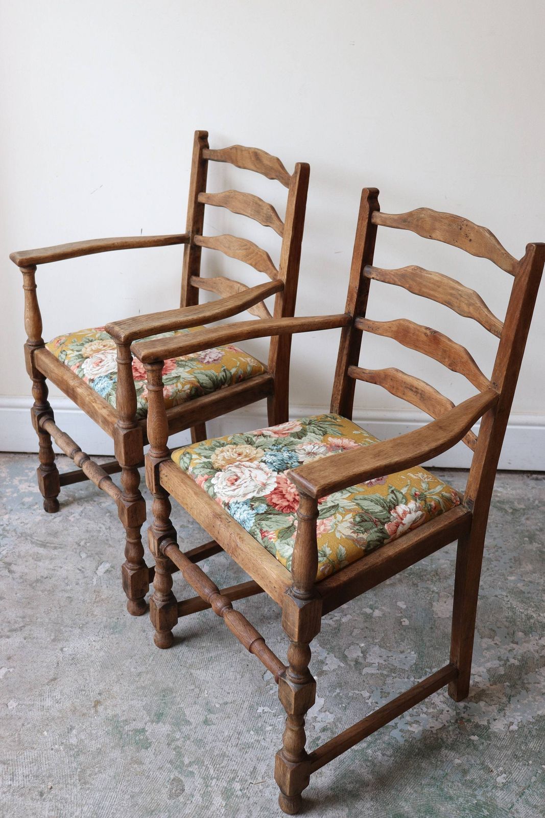 Beautiful Pair Of Oak Farmhouse Arm Chairs With Vintage Sanderson Floral Seats photo vintage