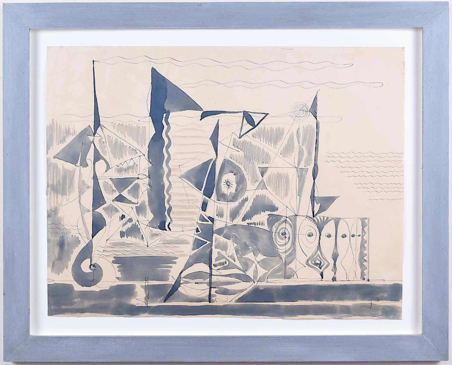 Charles Pulsford Arsa Charles Pulsford Arsa 'Abstract Harbour' Watercolour photo furniture
