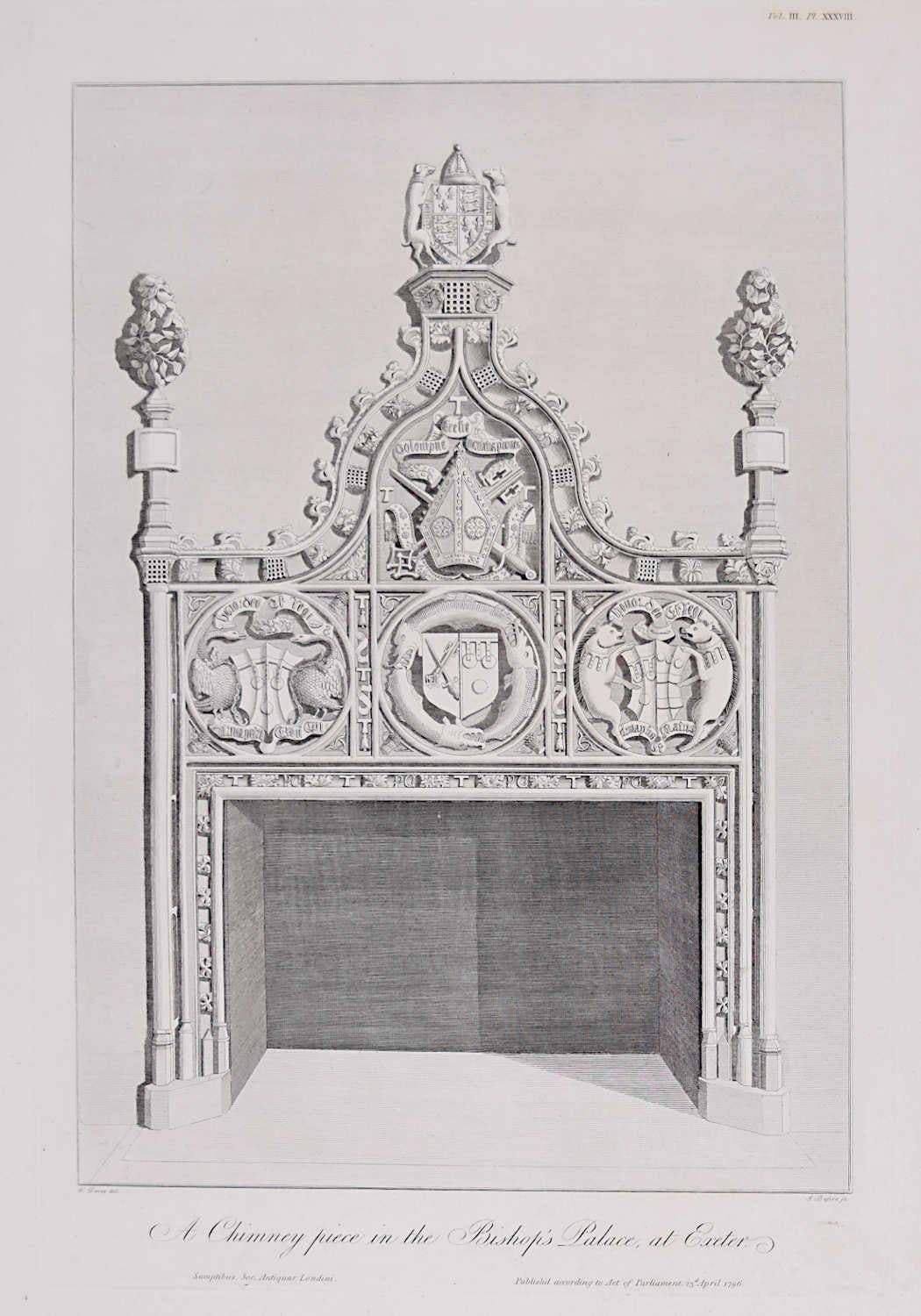 James Basire Engraving Bishop's Palace Exeter England 1796 Chimneypiece