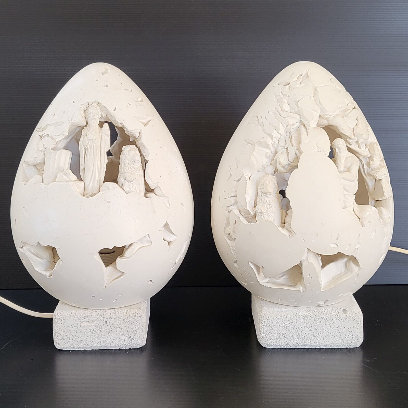 Pair Of Vintage Egg Lamps 1970 Greek Mythology Plaster Pumice 70s