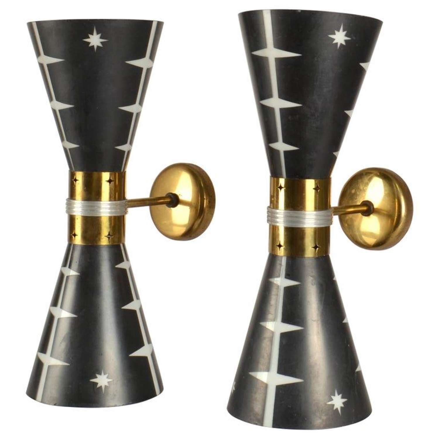 Rare Pair Of 1950’s Hourglass Wall Lights In Black Glass