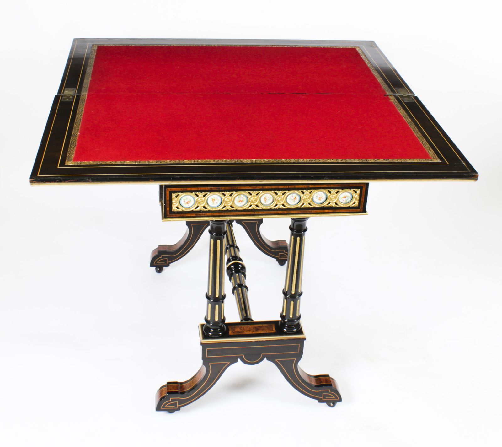 photo furniture Antique Pair Amboyna Card Tables With Porcelain Plaques 19th Century