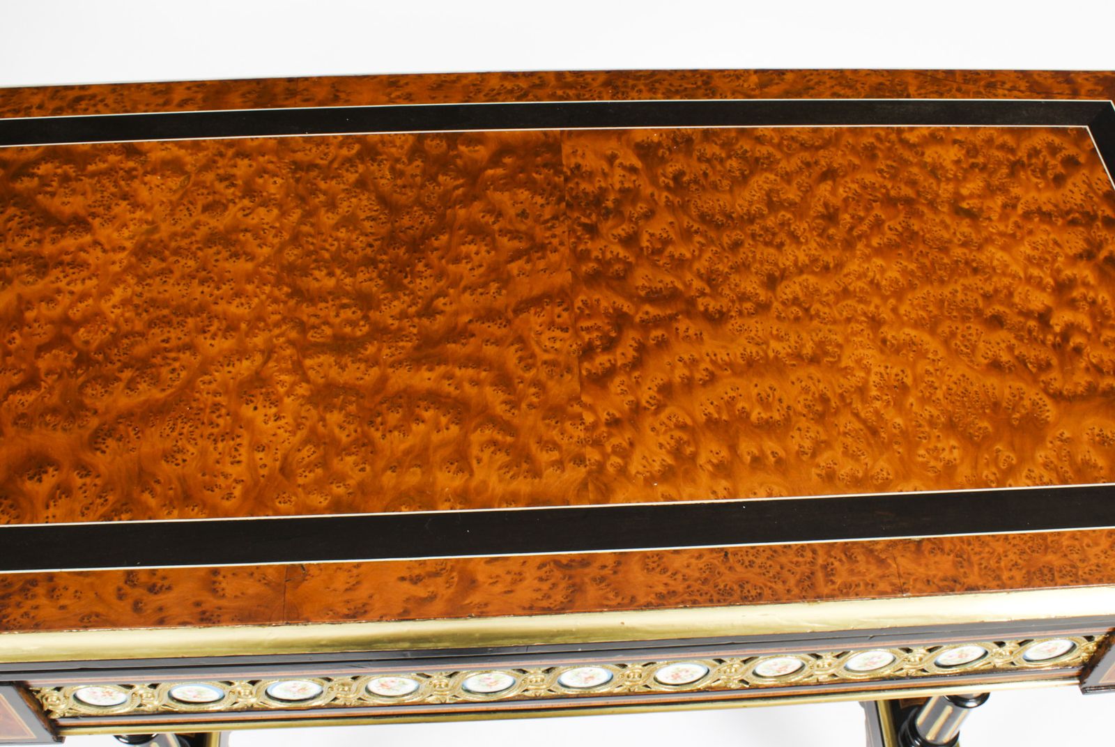 photo buy Antique Pair Amboyna Card Tables With Porcelain Plaques 19th Century